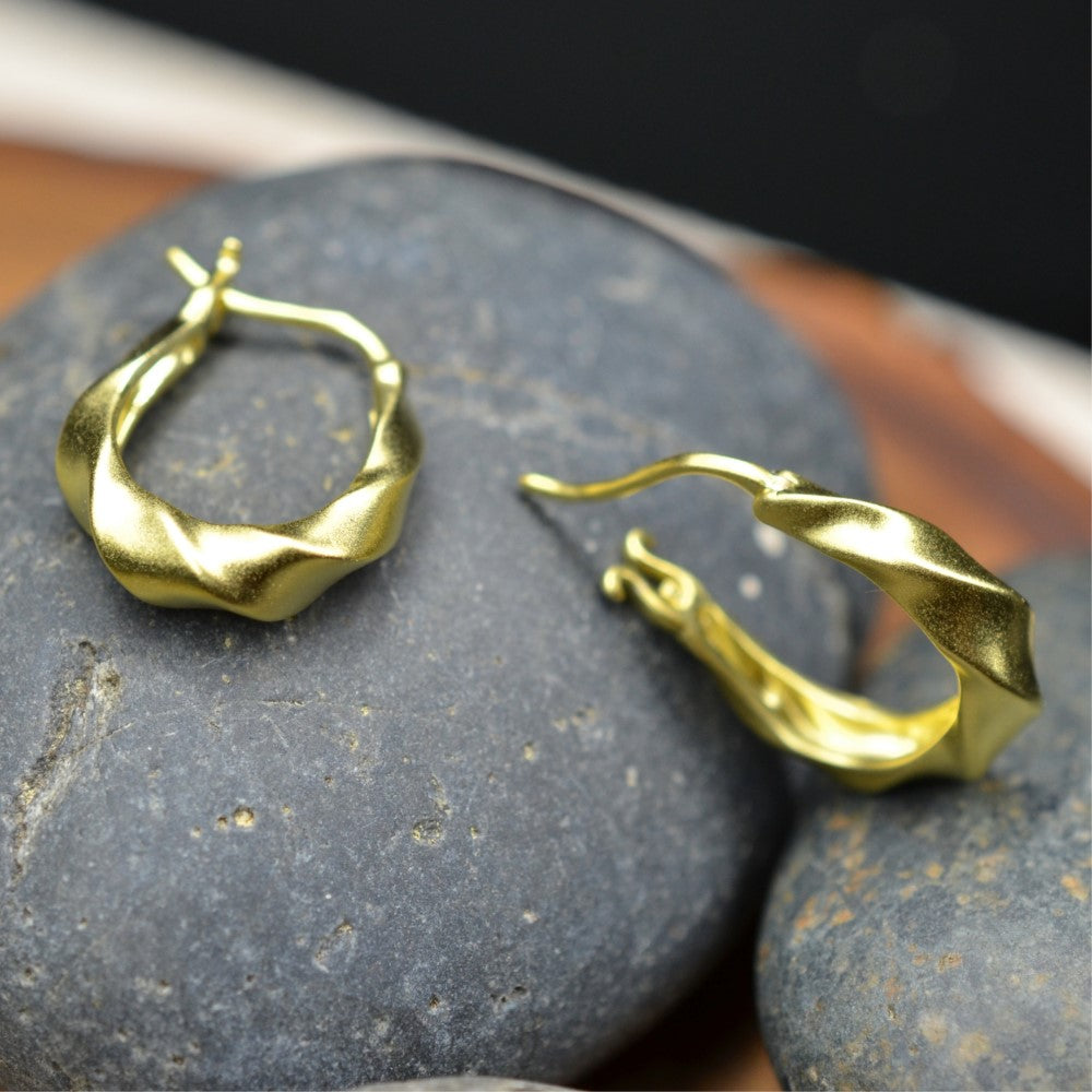 925 Sterling Silver Hoop Earrings 14K Gold Plated Tribal Twisted Matt Finished