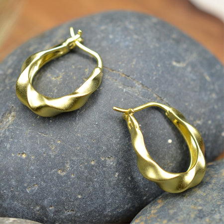 925 Sterling Silver Hoop Earrings 14K Gold Plated Tribal Twisted Matt Finished