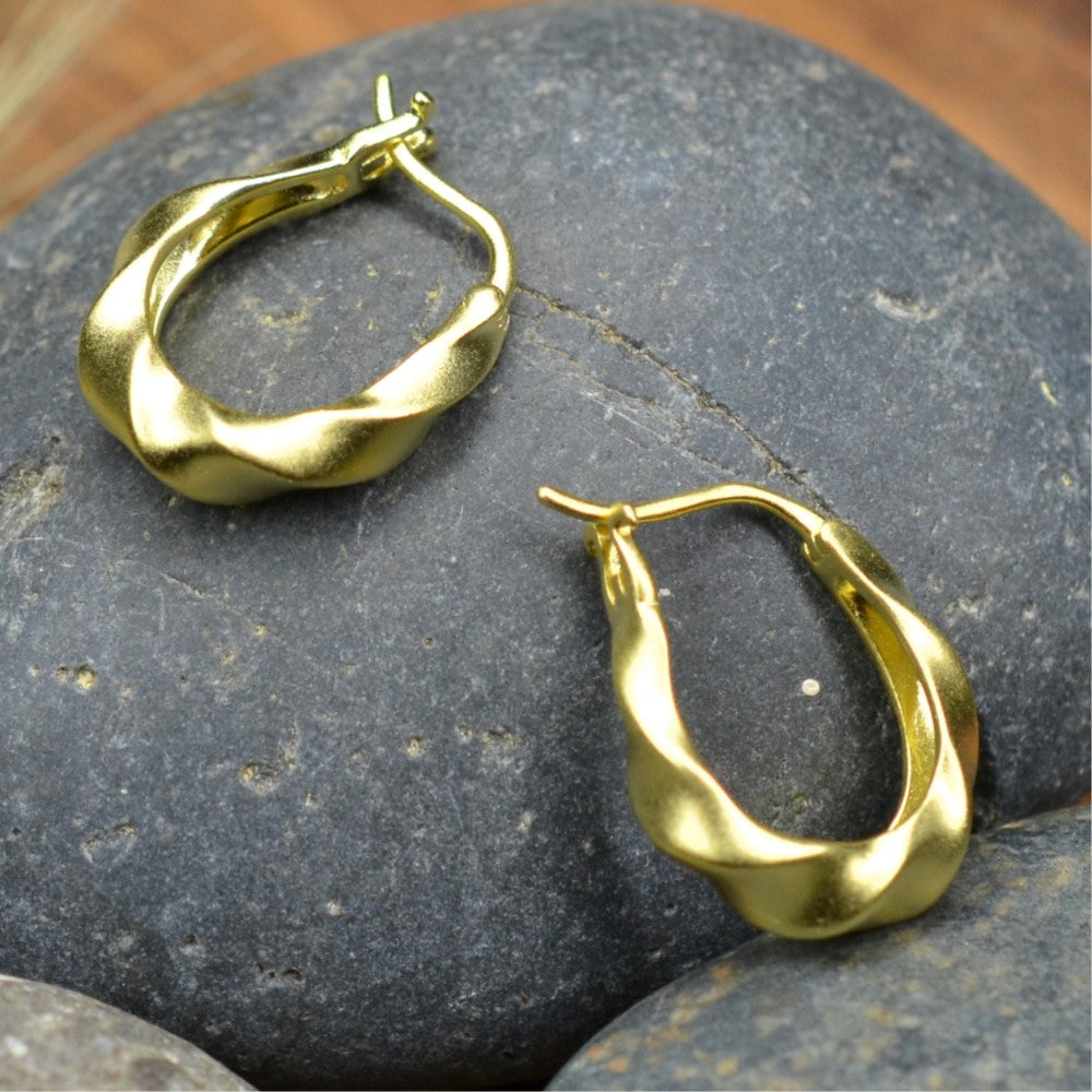 925 Sterling Silver Hoop Earrings 14K Gold Plated Tribal Twisted Matt Finished