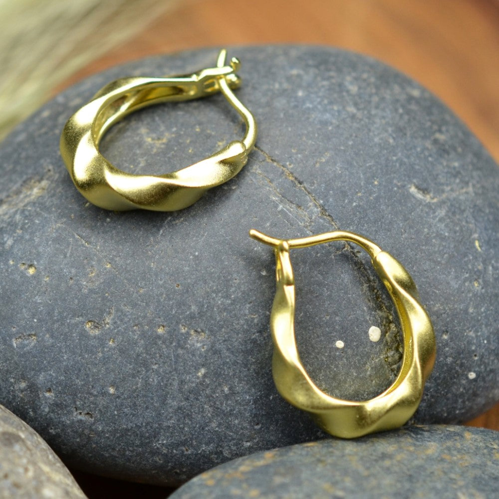 925 Sterling Silver Hoop Earrings 14K Gold Plated Tribal Twisted Matt Finished