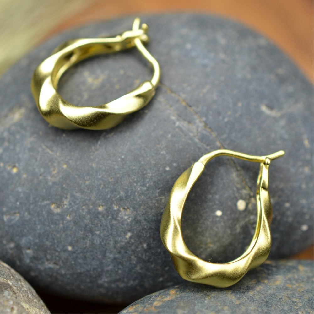 925 Sterling Silver Hoop Earrings 14K Gold Plated Tribal Twisted Matt Finished