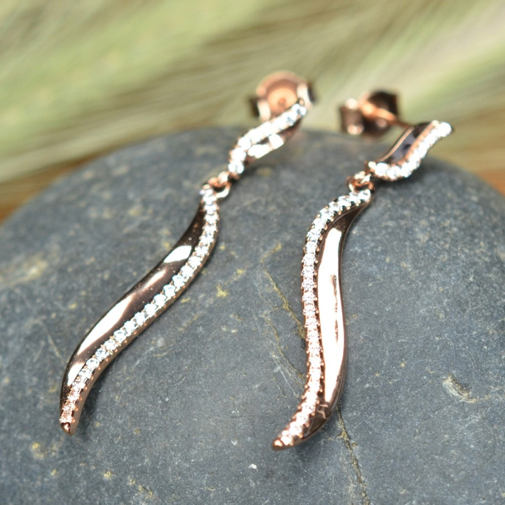 14K Rose Gold Plated Wavy 925 Sterling Silver Earrings with Cubic Zirconia