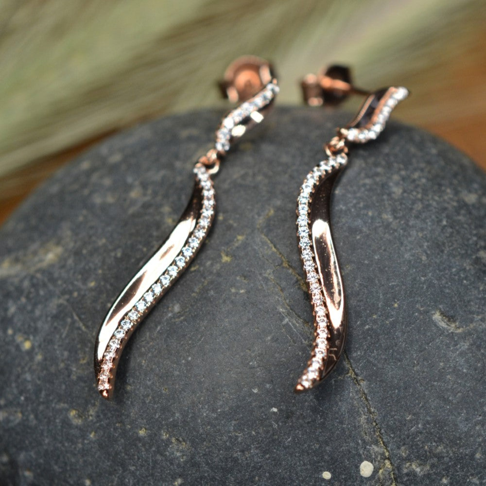 14K Rose Gold Plated Wavy 925 Sterling Silver Earrings with Cubic Zirconia