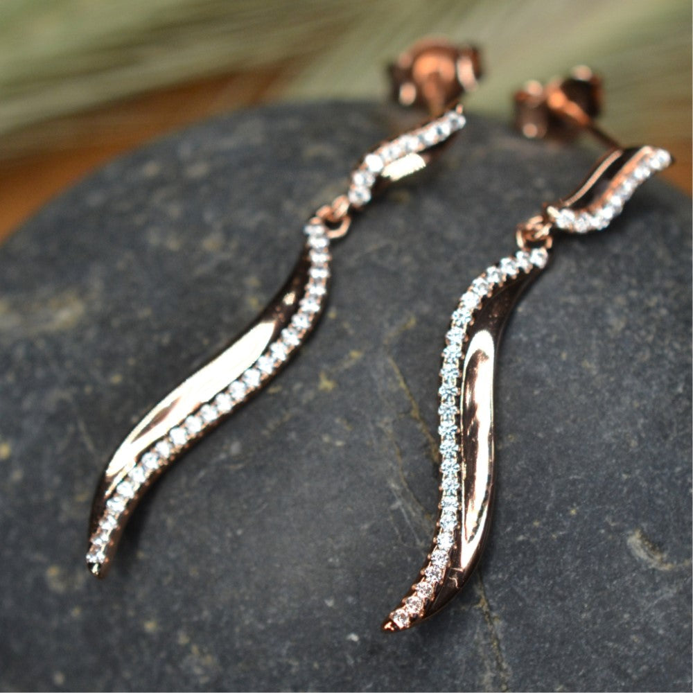 14K Rose Gold Plated Wavy 925 Sterling Silver Earrings with Cubic Zirconia