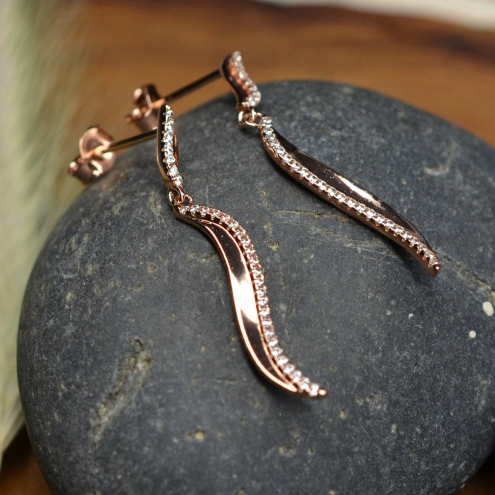 14K Rose Gold Plated Wavy 925 Sterling Silver Earrings with Cubic Zirconia