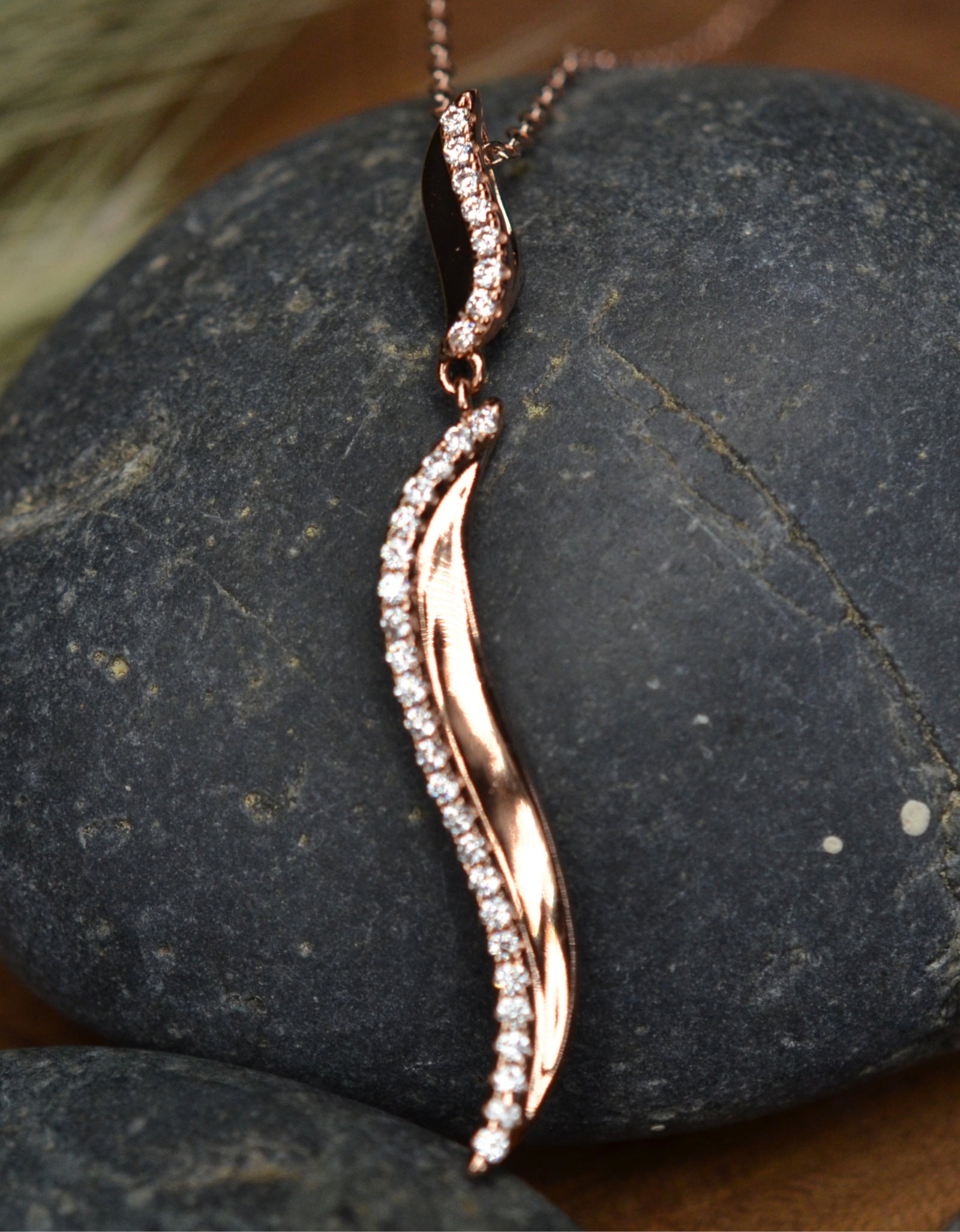 14K Rose Gold Plated Wavy 925 Sterling Silver Pendant Chain Necklace with Cubic Zirconia