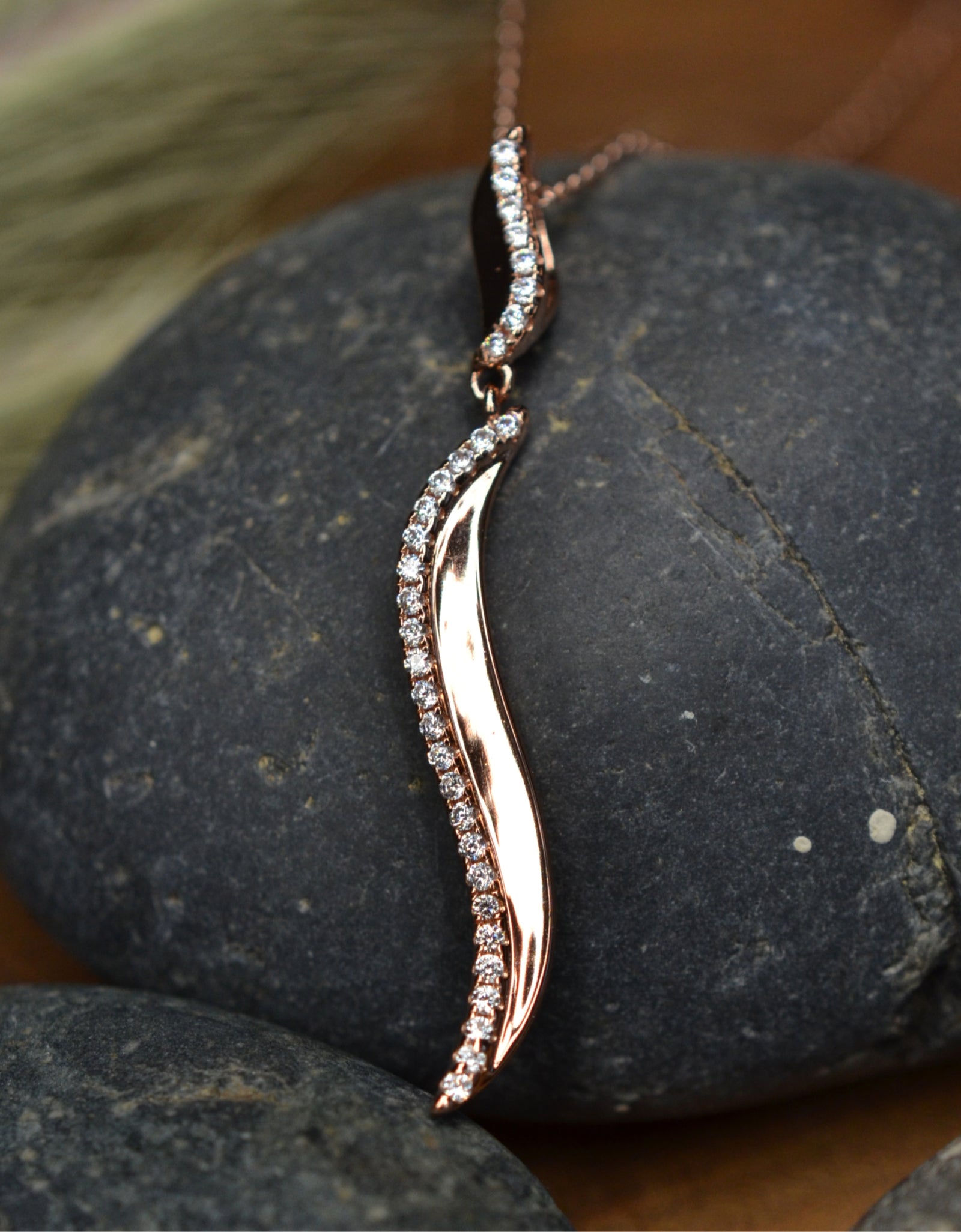 14K Rose Gold Plated Wavy 925 Sterling Silver Pendant Chain Necklace with Cubic Zirconia