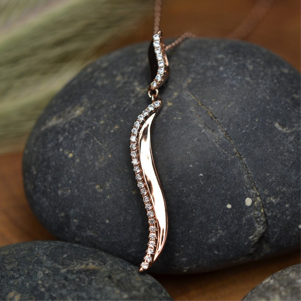 14K Rose Gold Plated Wavy 925 Sterling Silver Pendant Chain Necklace with Cubic Zirconia