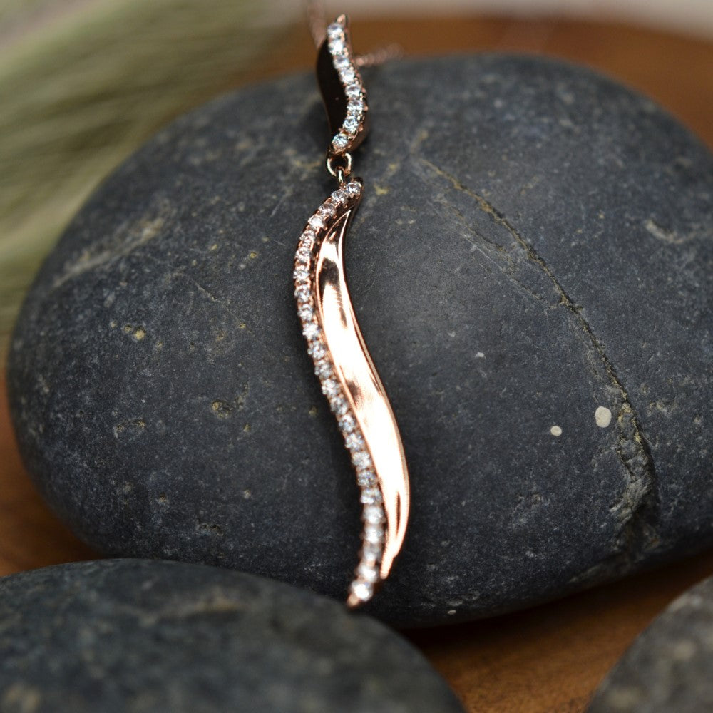 14K Rose Gold Plated Wavy 925 Sterling Silver Pendant Chain Necklace with Cubic Zirconia