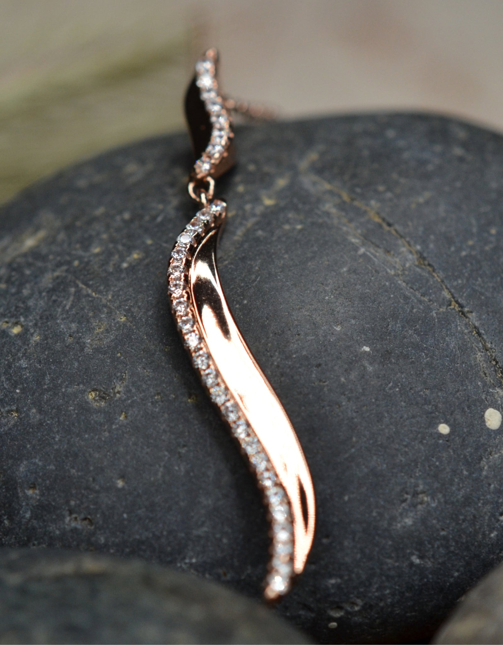 14K Rose Gold Plated Wavy 925 Sterling Silver Pendant Chain Necklace with Cubic Zirconia