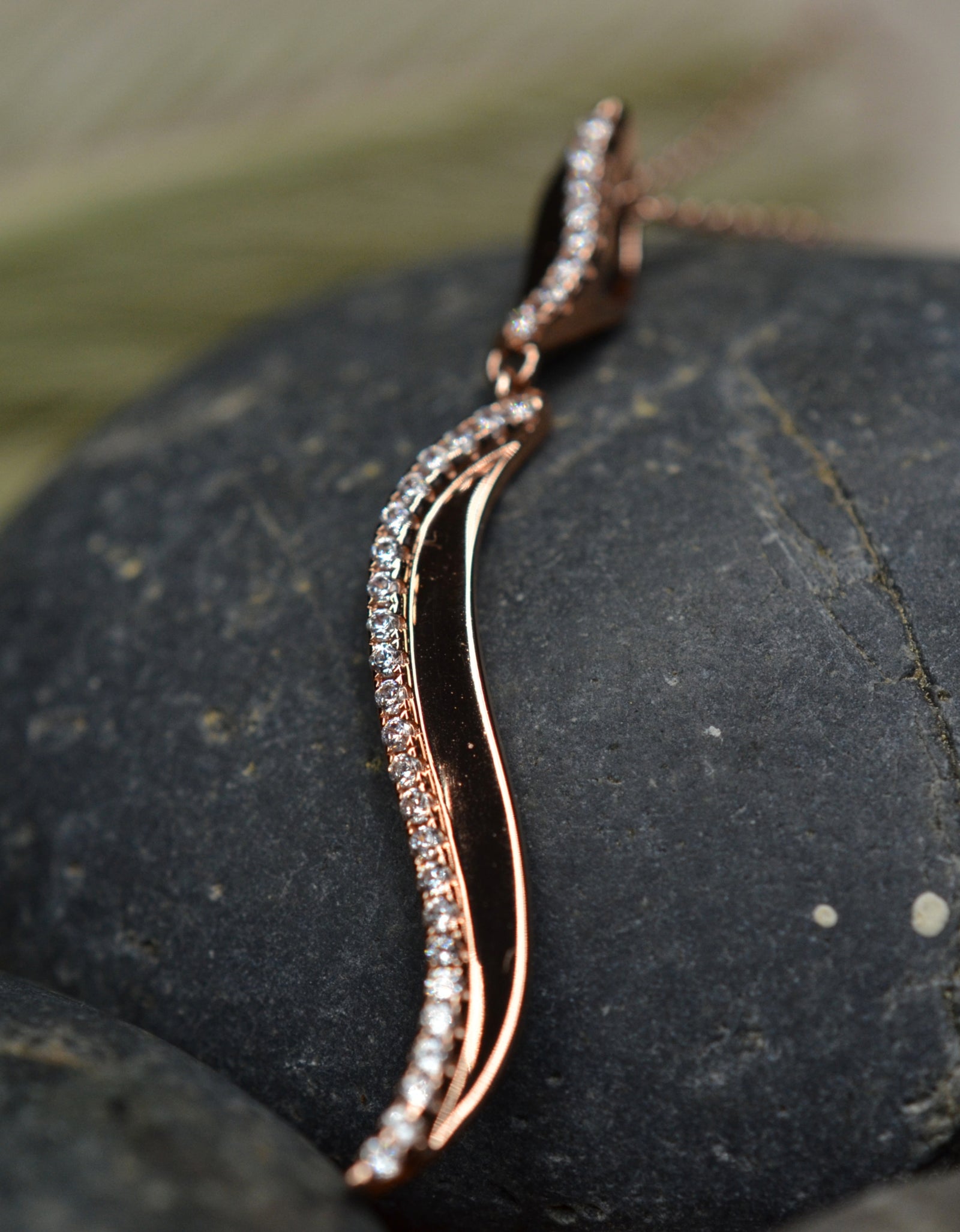 14K Rose Gold Plated Wavy 925 Sterling Silver Pendant Chain Necklace with Cubic Zirconia