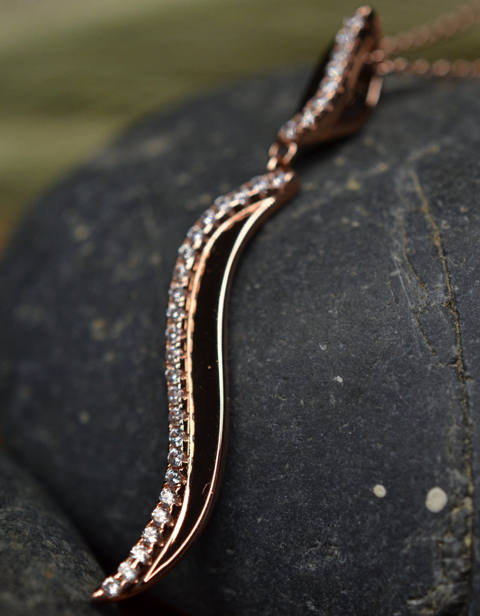 14K Rose Gold Plated Wavy 925 Sterling Silver Pendant Chain Necklace with Cubic Zirconia