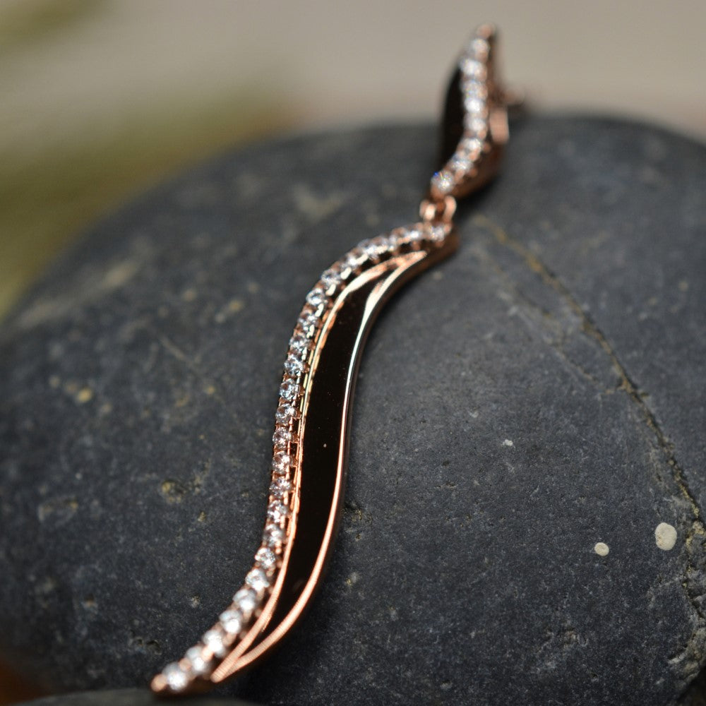 14K Rose Gold Plated Wavy 925 Sterling Silver Pendant Chain Necklace with Cubic Zirconia