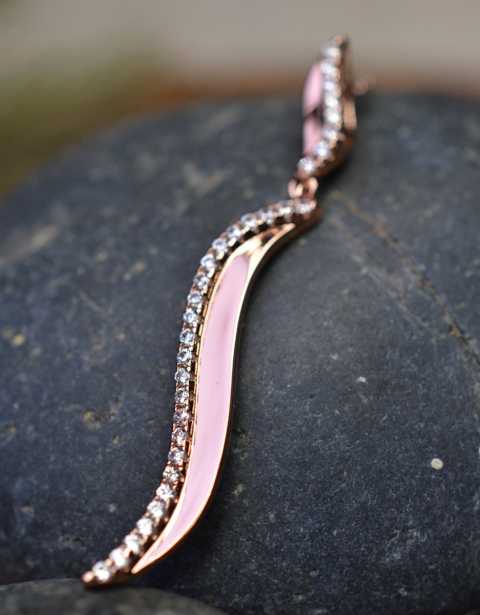 14K Rose Gold Plated Wavy 925 Sterling Silver Pendant Chain Necklace with Cubic Zirconia