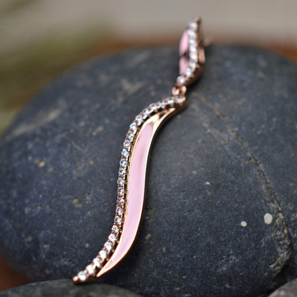 14K Rose Gold Plated Wavy 925 Sterling Silver Pendant Chain Necklace with Cubic Zirconia