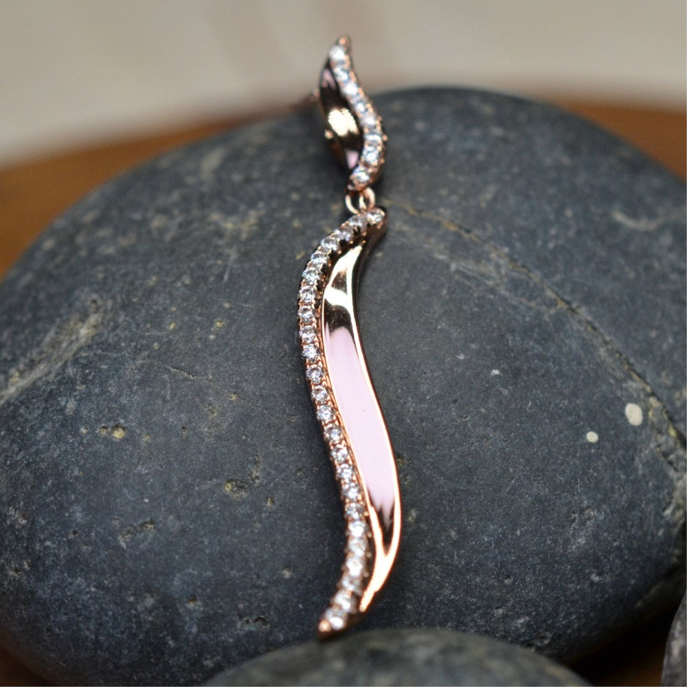 14K Rose Gold Plated Wavy 925 Sterling Silver Pendant Chain Necklace with Cubic Zirconia