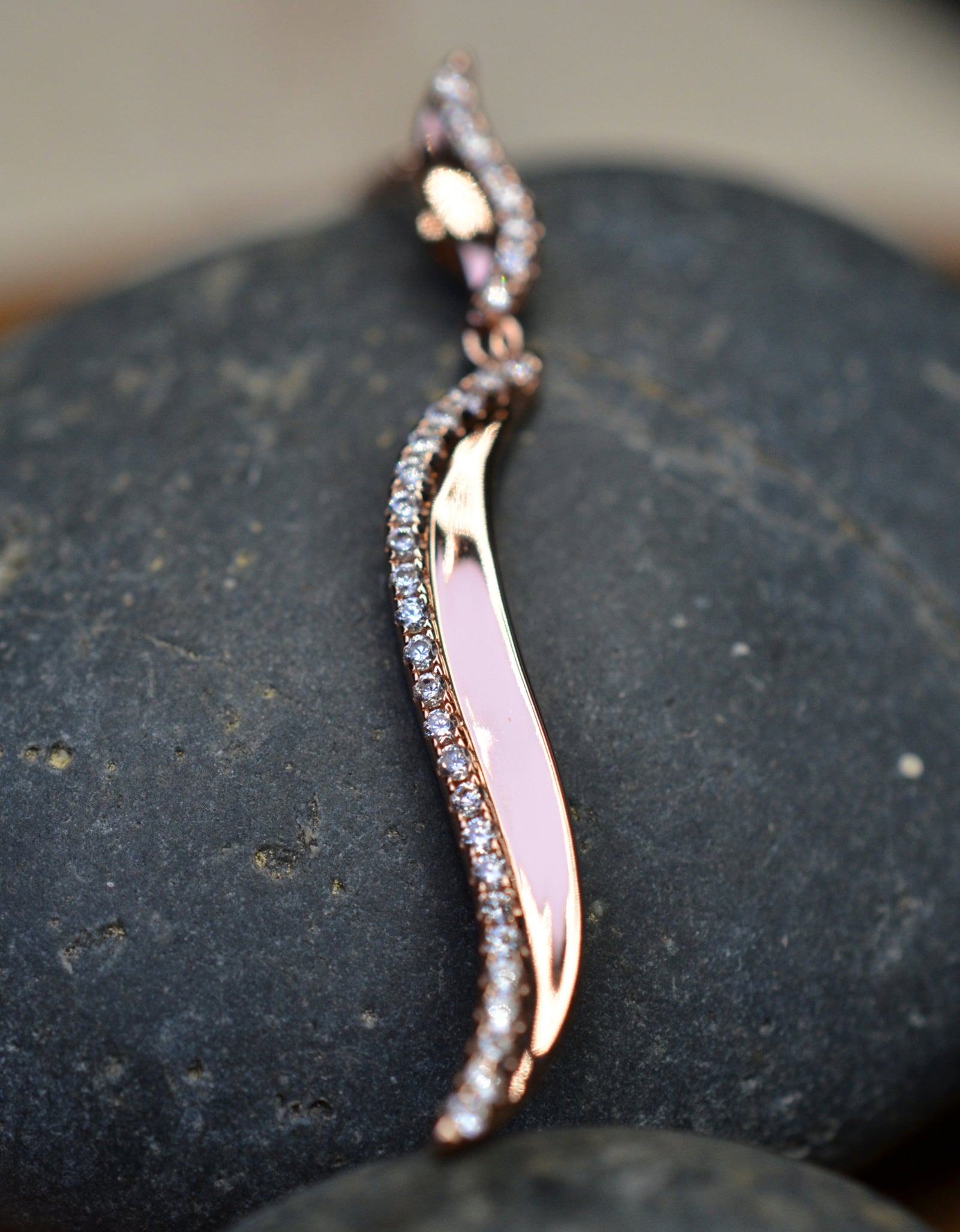 14K Rose Gold Plated Wavy 925 Sterling Silver Pendant Chain Necklace with Cubic Zirconia