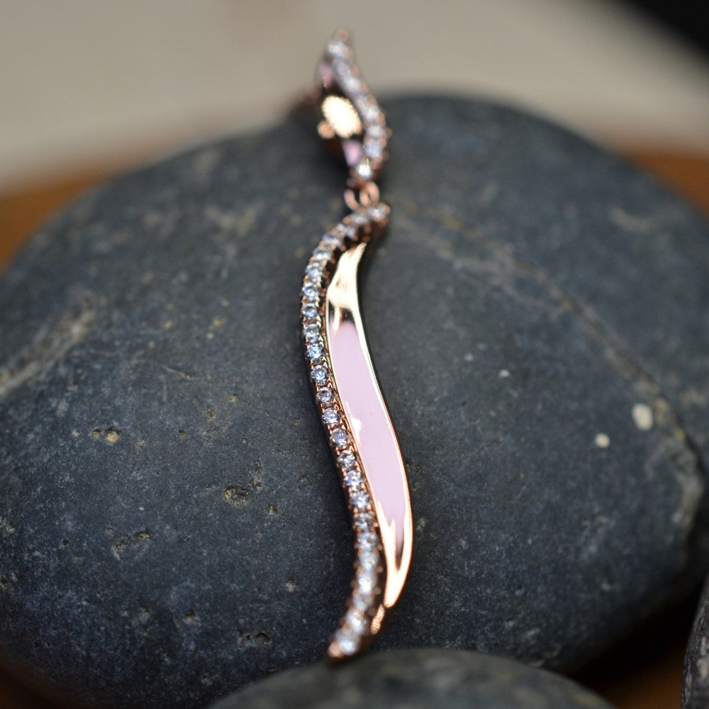 14K Rose Gold Plated Wavy 925 Sterling Silver Pendant Chain Necklace with Cubic Zirconia