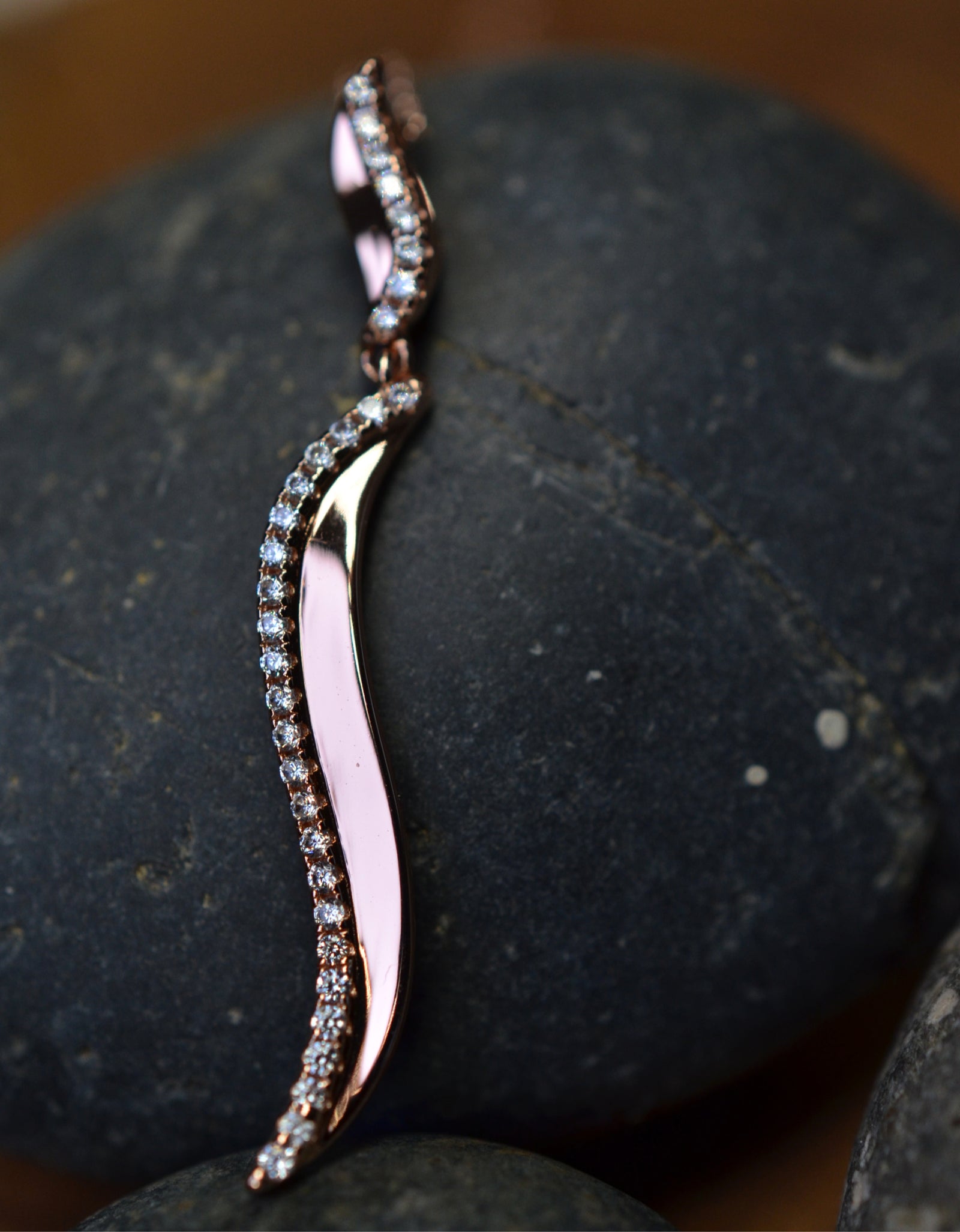 14K Rose Gold Plated Wavy 925 Sterling Silver Pendant Chain Necklace with Cubic Zirconia