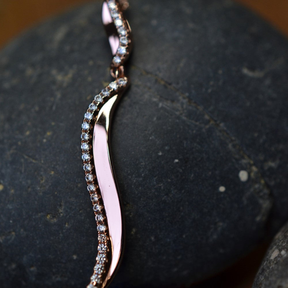 14K Rose Gold Plated Wavy 925 Sterling Silver Pendant Chain Necklace with Cubic Zirconia