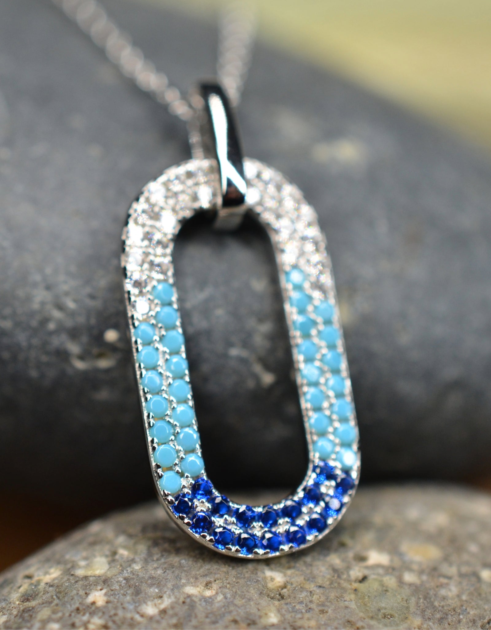 50cm Platinum Plated Blue Oval W/ CZ 925 Sterling Silver Pendant w/ Adjustable Chain Necklace by Mc9vn