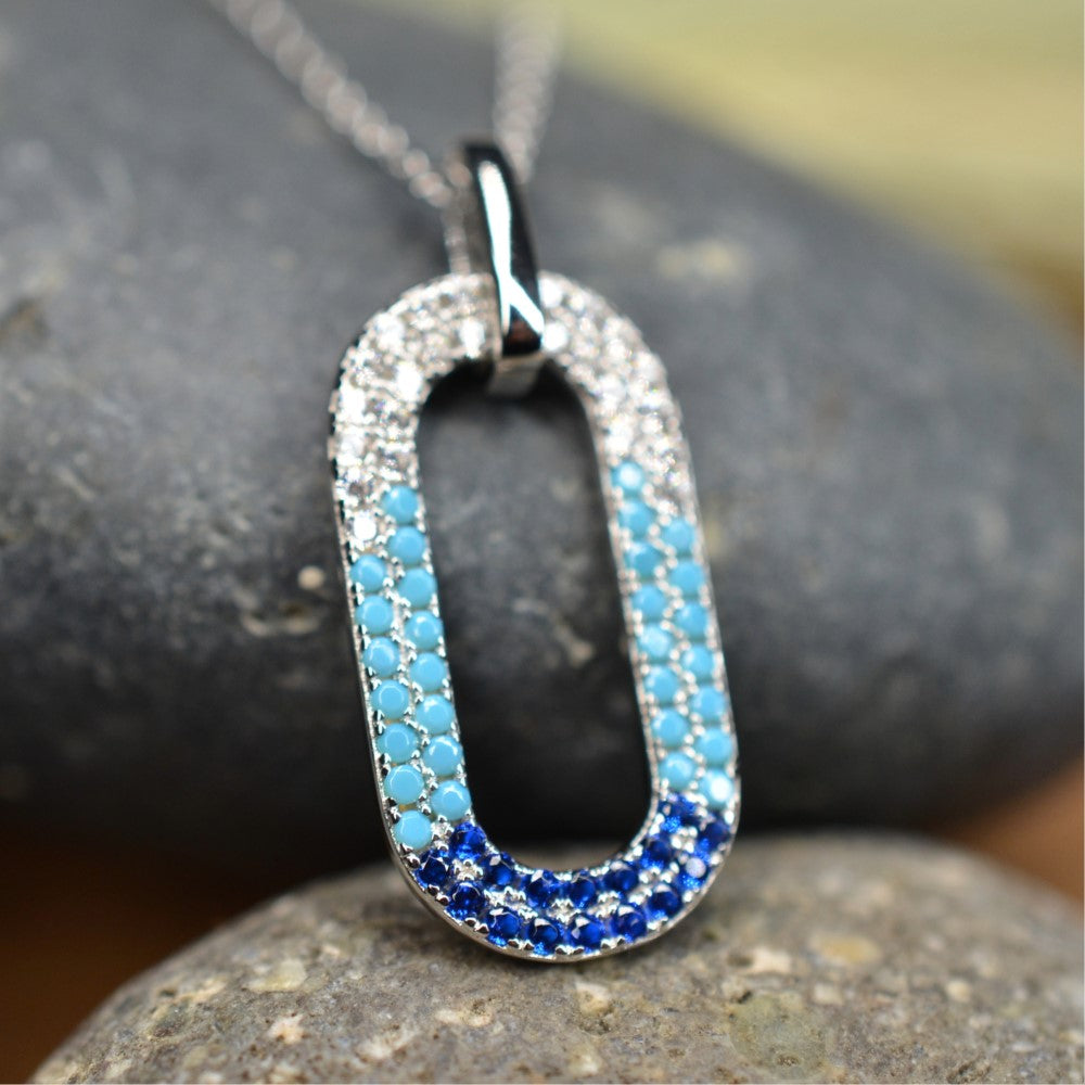 50cm Platinum Plated Blue Oval W/ CZ 925 Sterling Silver Pendant w/ Adjustable Chain Necklace by Mc9vn