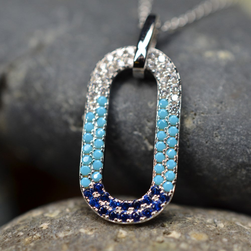 50cm Platinum Plated Blue Oval W/ CZ 925 Sterling Silver Pendant w/ Adjustable Chain Necklace by Mc9vn