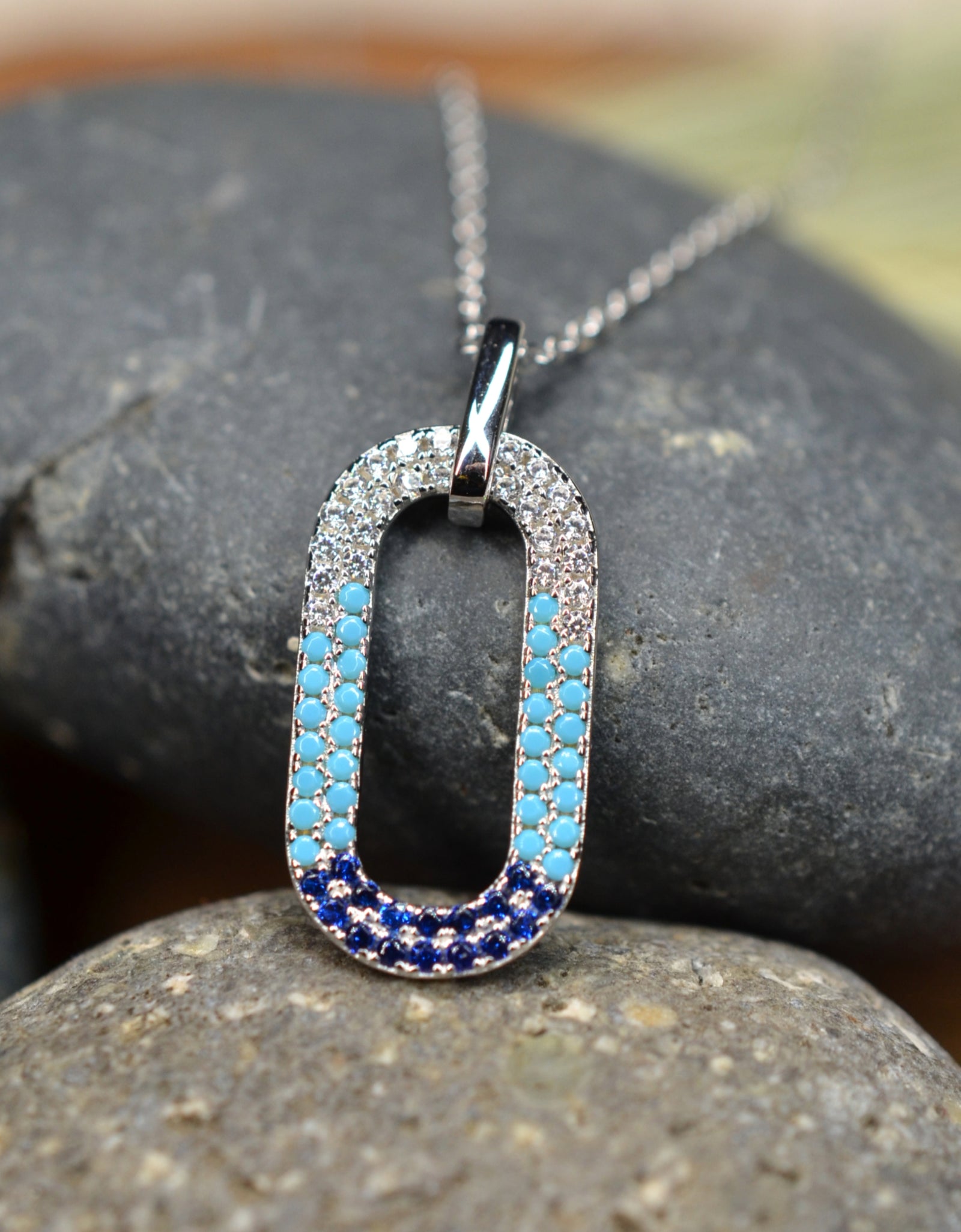 50cm Platinum Plated Blue Oval W/ CZ 925 Sterling Silver Pendant w/ Adjustable Chain Necklace by Mc9vn