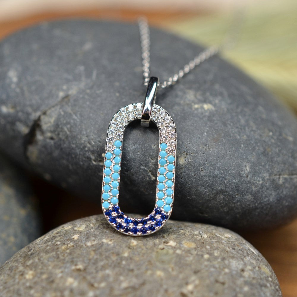 50cm Platinum Plated Blue Oval W/ CZ 925 Sterling Silver Pendant w/ Adjustable Chain Necklace by Mc9vn