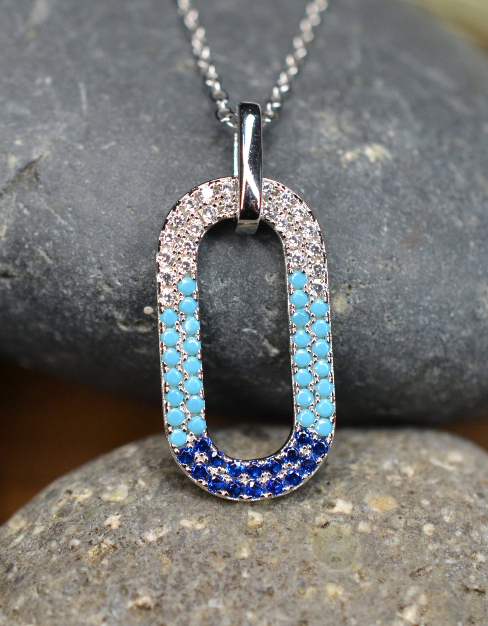 50cm Platinum Plated Blue Oval W/ CZ 925 Sterling Silver Pendant w/ Adjustable Chain Necklace by Mc9vn