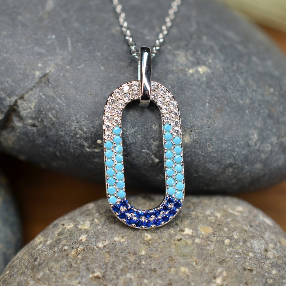 50cm Platinum Plated Blue Oval W/ CZ 925 Sterling Silver Pendant w/ Adjustable Chain Necklace by Mc9vn