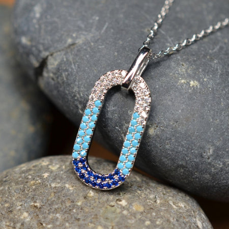 50cm Platinum Plated Blue Oval W/ CZ 925 Sterling Silver Pendant w/ Adjustable Chain Necklace by Mc9vn