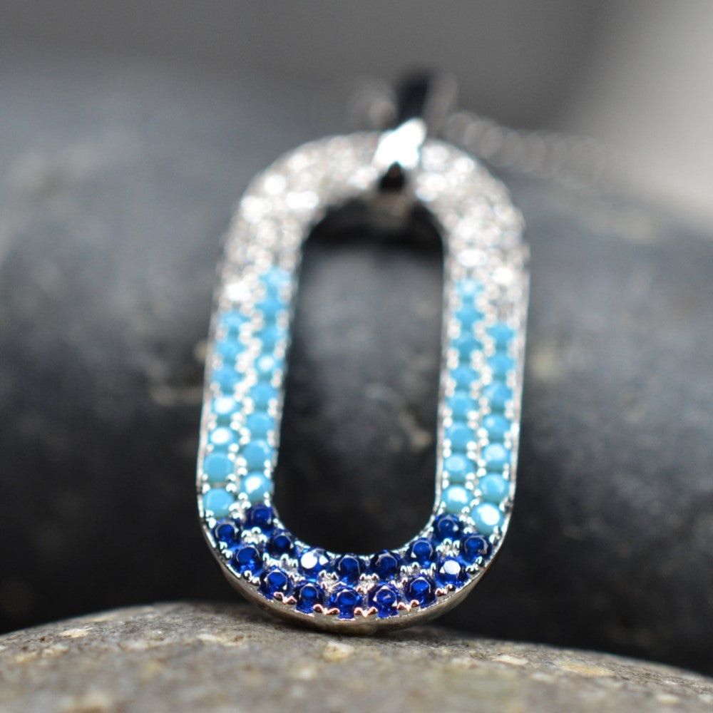 50cm Platinum Plated Blue Oval W/ CZ 925 Sterling Silver Pendant w/ Adjustable Chain Necklace by Mc9vn