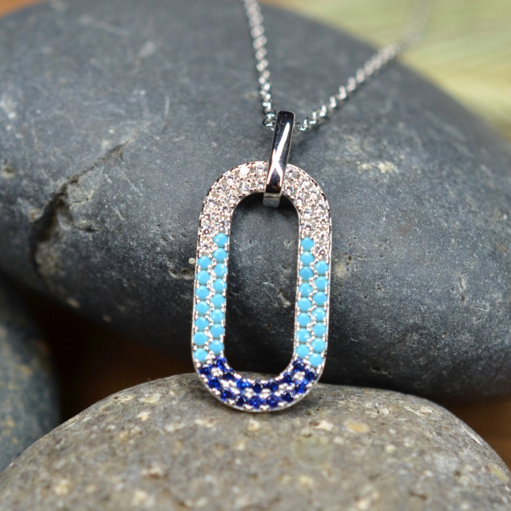 50cm Platinum Plated Blue Oval W/ CZ 925 Sterling Silver Pendant w/ Adjustable Chain Necklace by Mc9vn