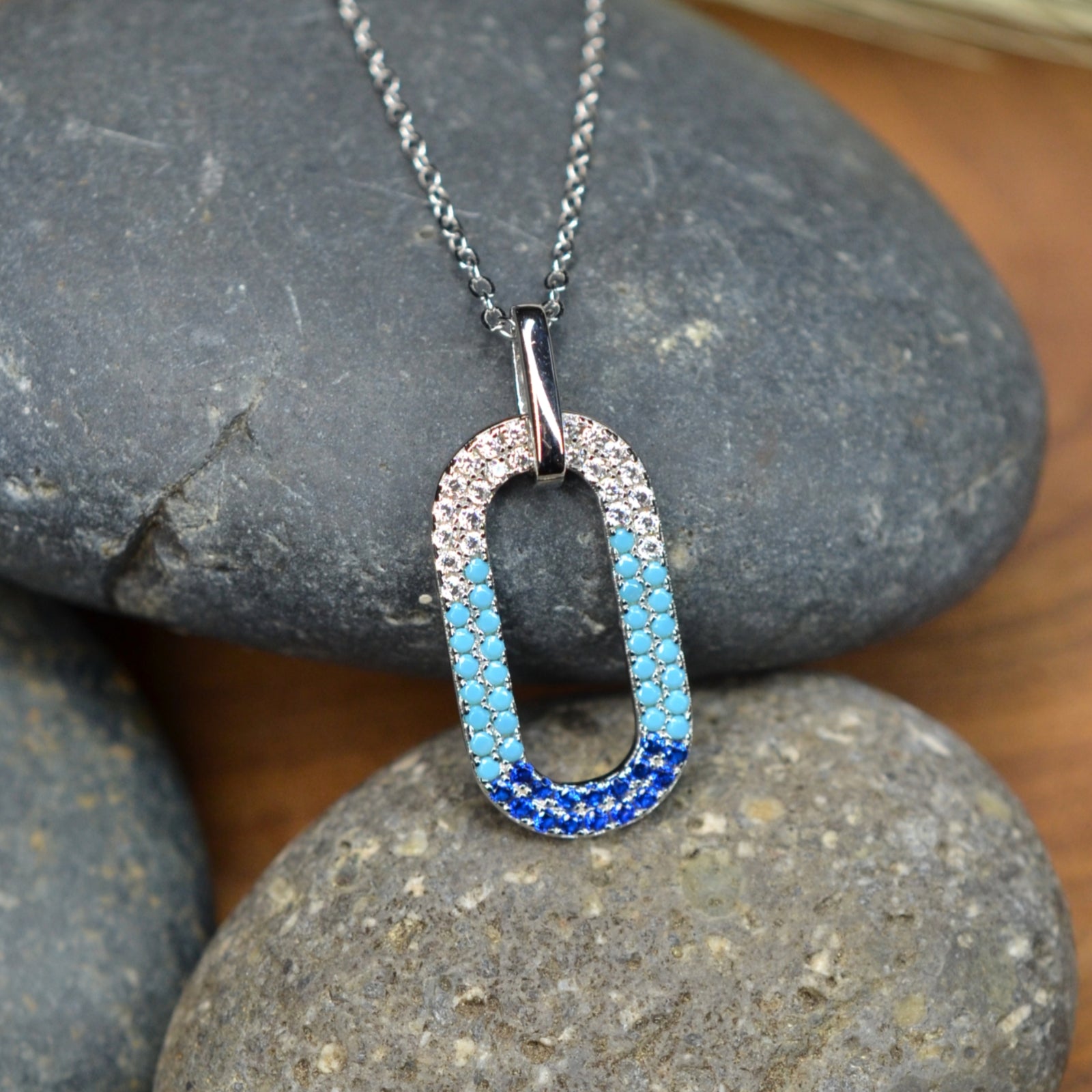 50cm Platinum Plated Blue Oval W/ CZ 925 Sterling Silver Pendant w/ Adjustable Chain Necklace by Mc9vn