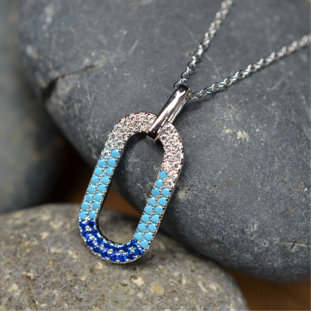 50cm Platinum Plated Blue Oval W/ CZ 925 Sterling Silver Pendant w/ Adjustable Chain Necklace by Mc9vn