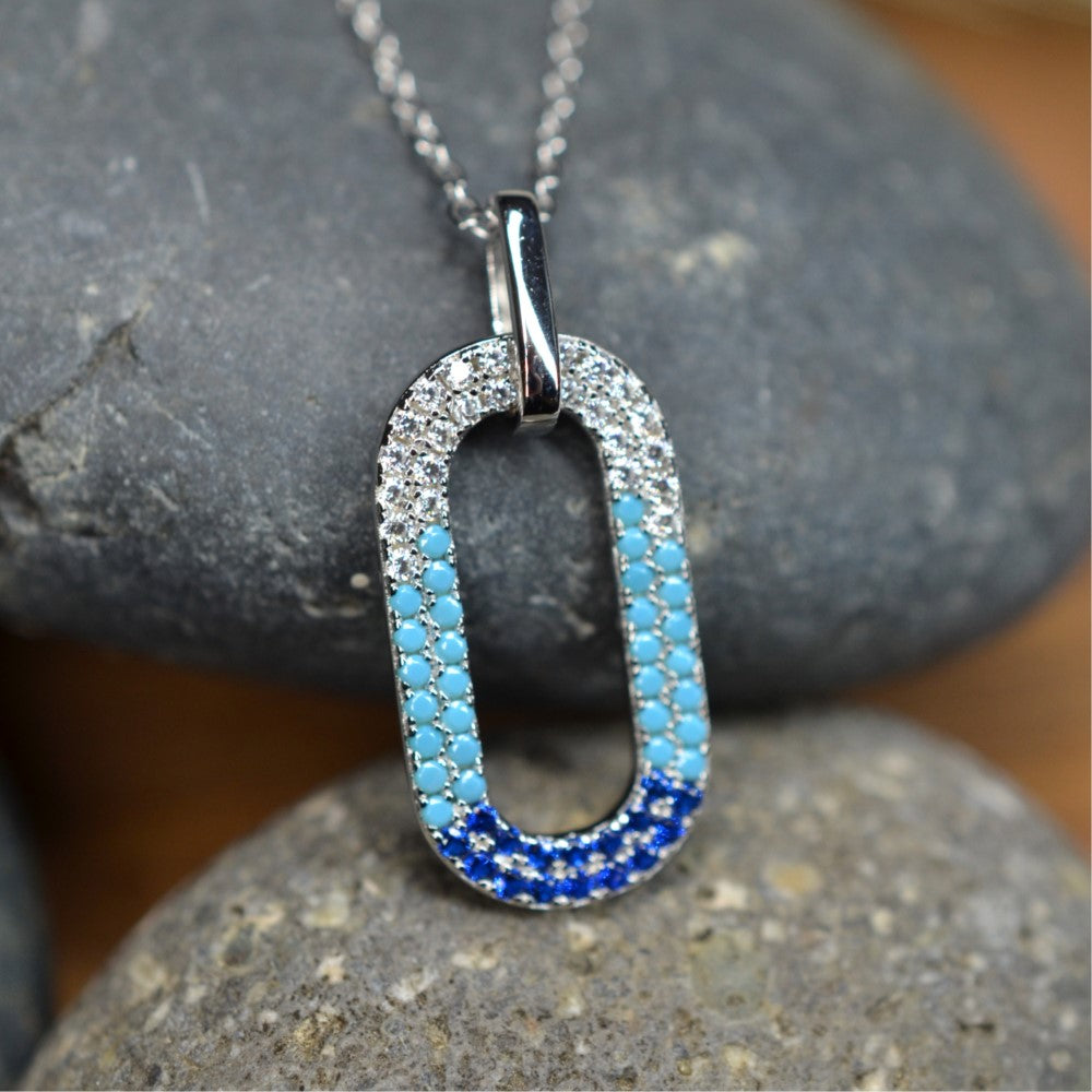 50cm Platinum Plated Blue Oval W/ CZ 925 Sterling Silver Pendant w/ Adjustable Chain Necklace by Mc9vn