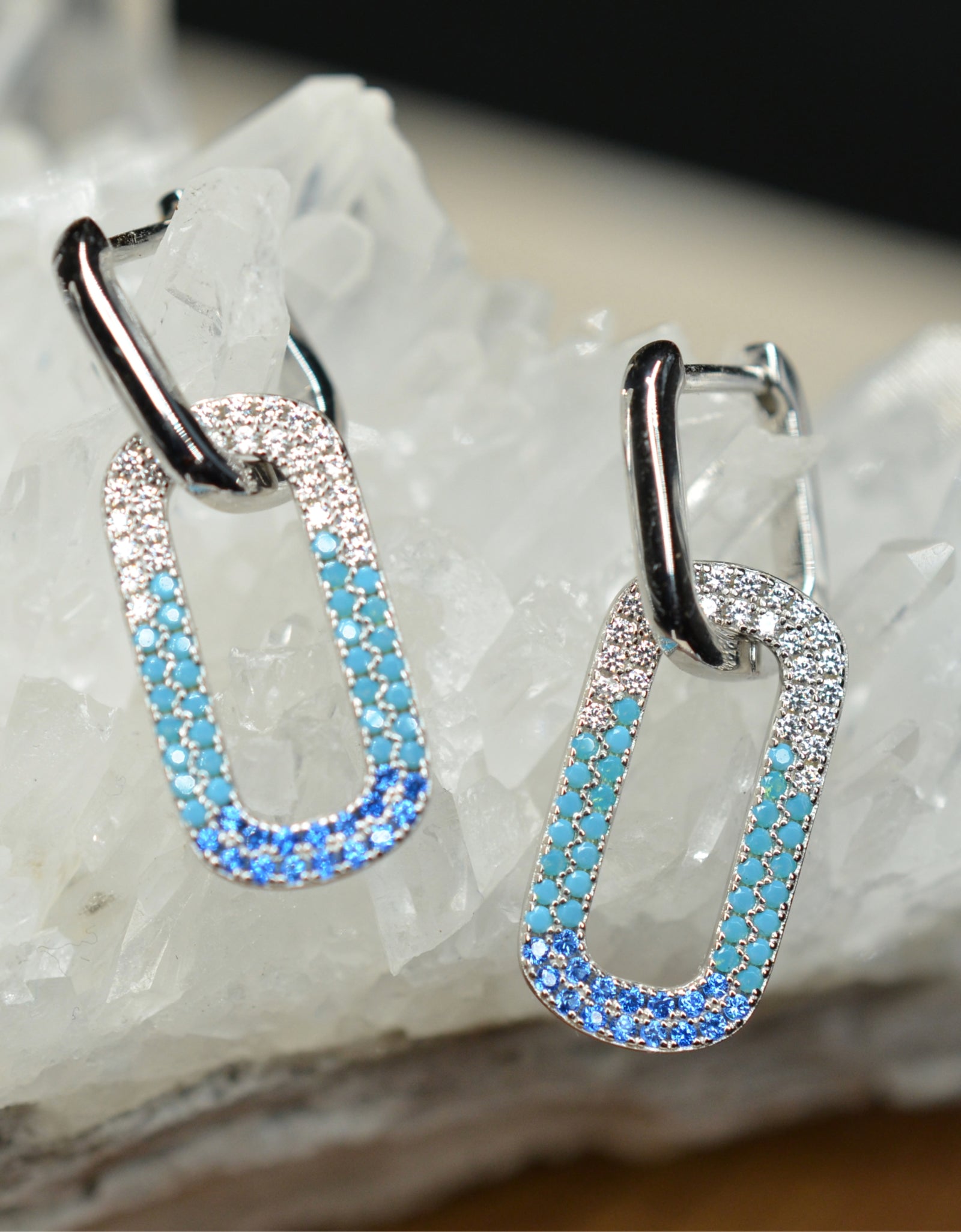 27mm Platinum Plated Baby Blue Oval Cute 925 Sterling Silver Earrings w/ Cubic Zirconia by Mc9vn