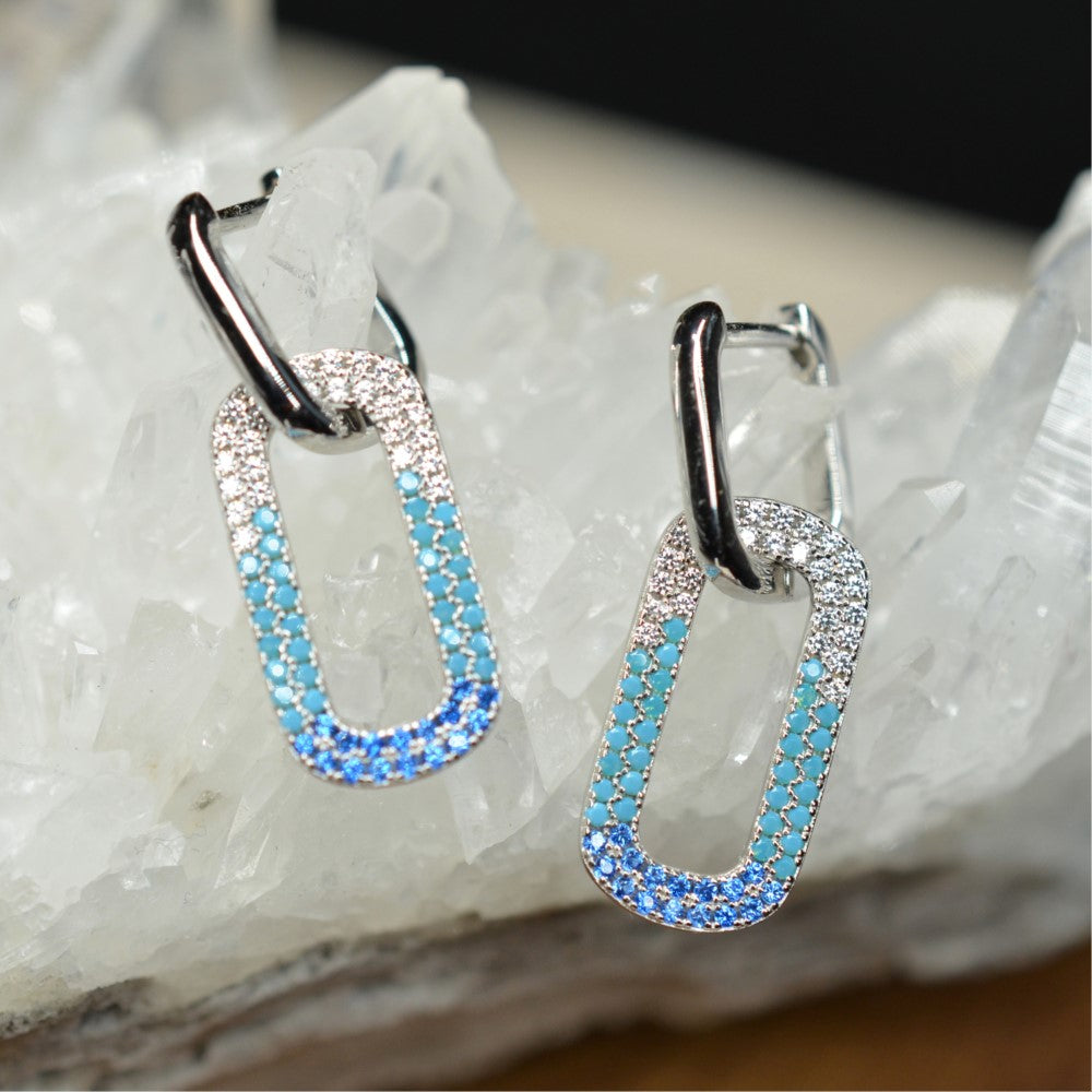 27mm Platinum Plated Baby Blue Oval Cute 925 Sterling Silver Earrings w/ Cubic Zirconia by Mc9vn