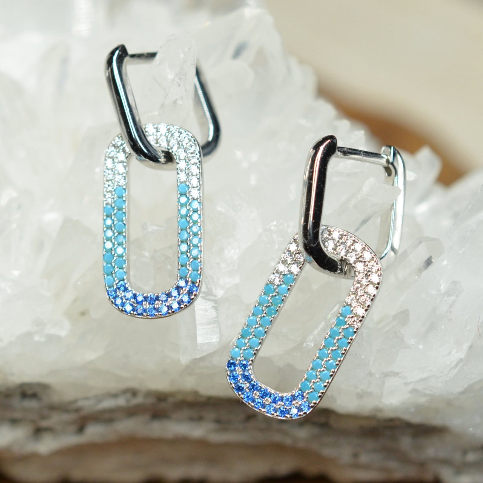 27mm Platinum Plated Baby Blue Oval Cute 925 Sterling Silver Earrings w/ Cubic Zirconia by Mc9vn