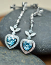 Heart Shaped 925 Sterling Silver Earrings Blue Cubic Zirconia Center Stone | Platinum Plated | by Mc9vn | Ship from US | Gift for Her |