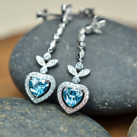 Heart Shaped 925 Sterling Silver Earrings Blue Cubic Zirconia Center Stone | Platinum Plated | by Mc9vn | Ship from US | Gift for Her |