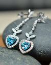 Heart Shaped 925 Sterling Silver Earrings Blue Cubic Zirconia Center Stone | Platinum Plated | by Mc9vn | Ship from US | Gift for Her |