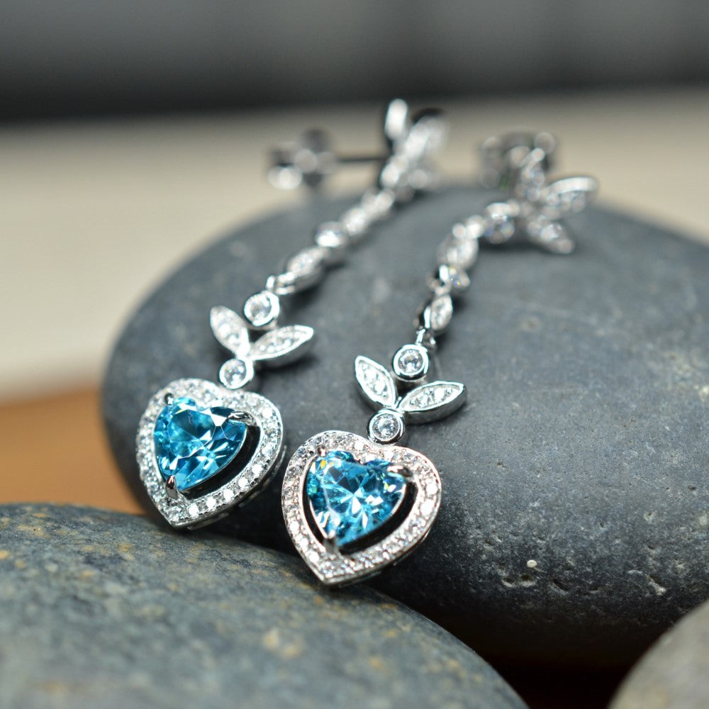 Heart Shaped 925 Sterling Silver Earrings Blue Cubic Zirconia Center Stone | Platinum Plated | by Mc9vn | Ship from US | Gift for Her |