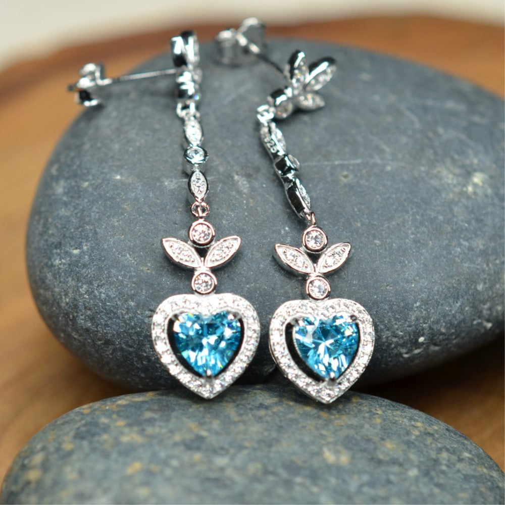 Heart Shaped 925 Sterling Silver Earrings Blue Cubic Zirconia Center Stone | Platinum Plated | by Mc9vn | Ship from US | Gift for Her |