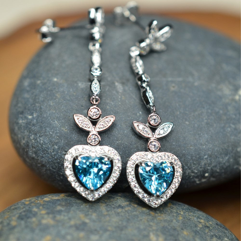 Heart Shaped 925 Sterling Silver Earrings Blue Cubic Zirconia Center Stone | Platinum Plated | by Mc9vn | Ship from US | Gift for Her |