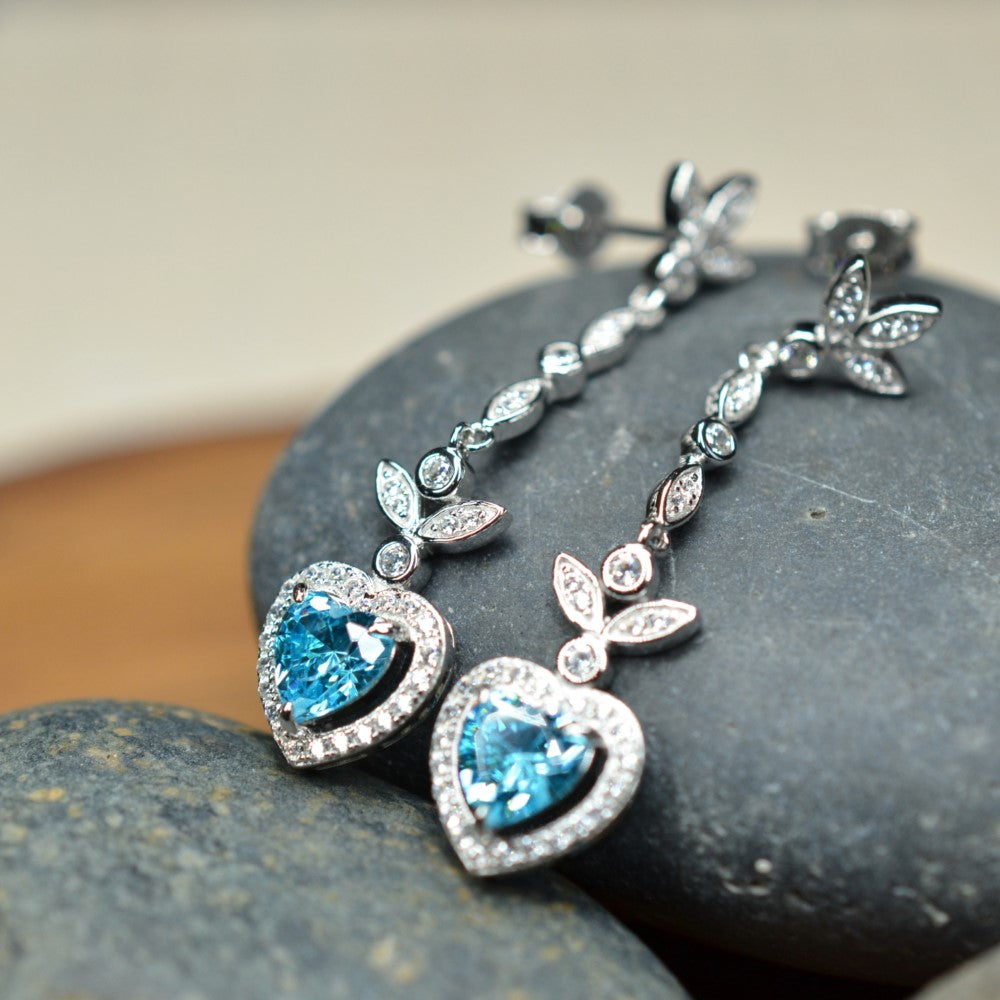 Heart Shaped 925 Sterling Silver Earrings Blue Cubic Zirconia Center Stone | Platinum Plated | by Mc9vn | Ship from US | Gift for Her |