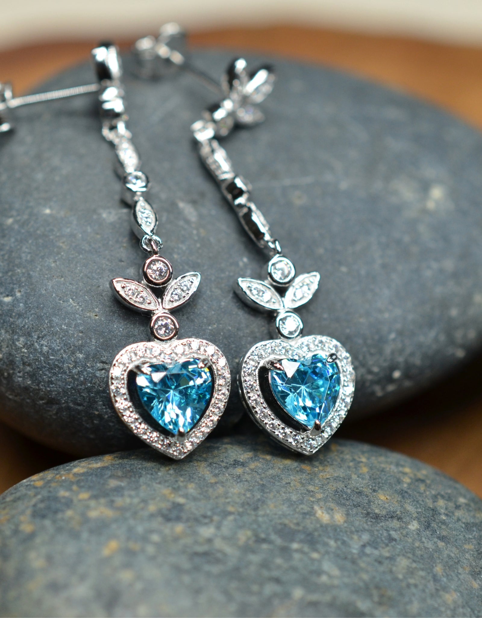 Heart Shaped 925 Sterling Silver Earrings Blue Cubic Zirconia Center Stone | Platinum Plated | by Mc9vn | Ship from US | Gift for Her |