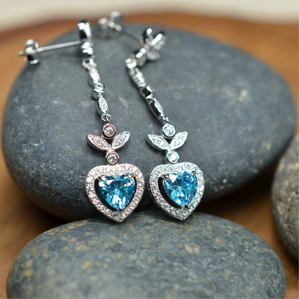 Heart Shaped 925 Sterling Silver Earrings Blue Cubic Zirconia Center Stone | Platinum Plated | by Mc9vn | Ship from US | Gift for Her |