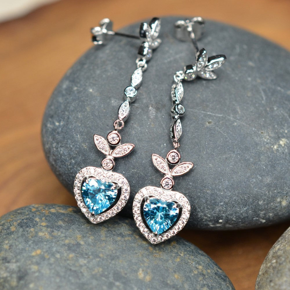 Heart Shaped 925 Sterling Silver Earrings Blue Cubic Zirconia Center Stone | Platinum Plated | by Mc9vn | Ship from US | Gift for Her |